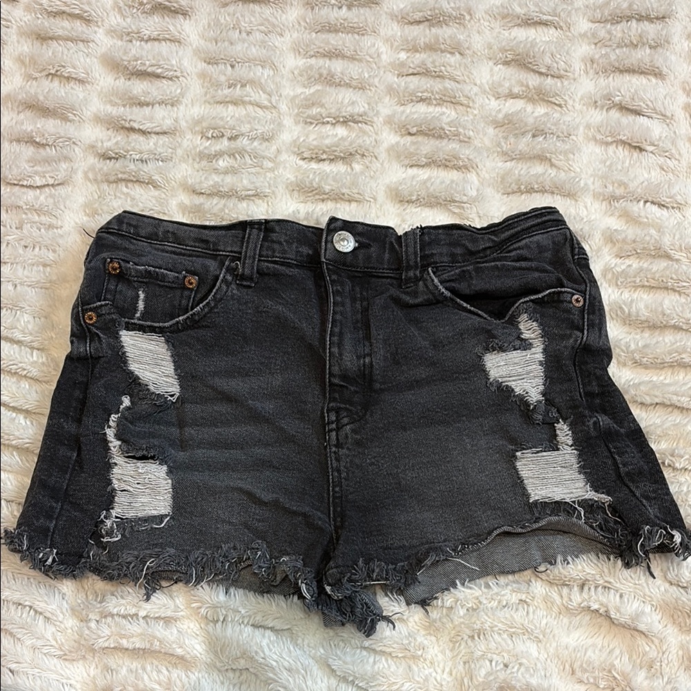 Distressed Black Denim Shorts
